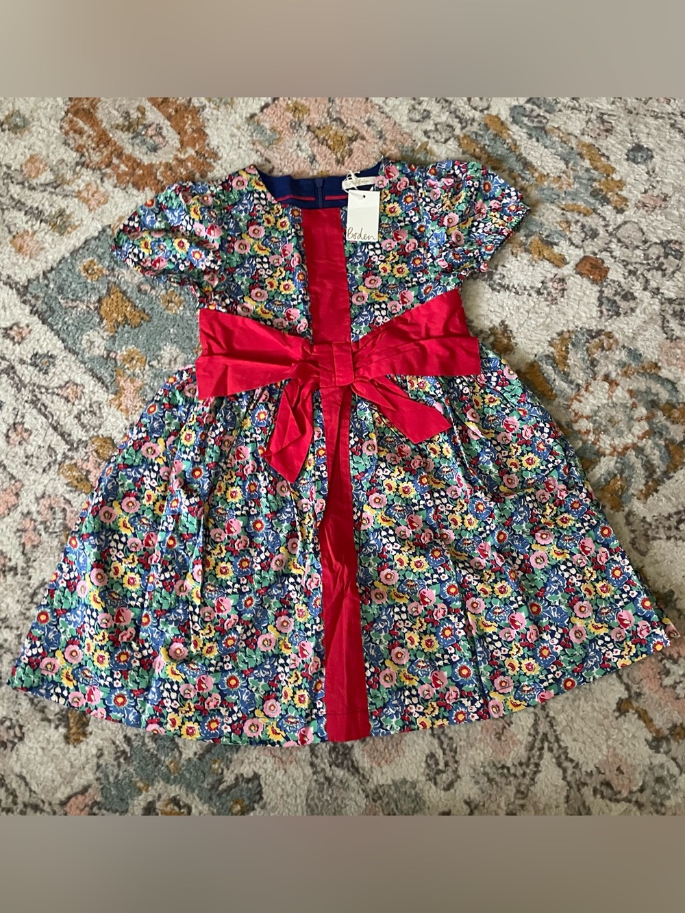 NWT Mini Boden Floral Cotton Dress with Red Sash - Big Bow Dress